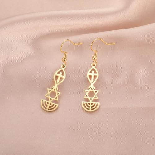 Messianic Seal Dangle Earrings Messianic Seal of Jerusalem Earrings Star of David,Ichthus with Cross,Menorah,Jewish Star Earrings Religious Hanukkah Jewelry Token of Prayer - color: gold