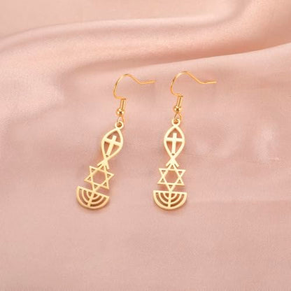 Messianic Seal Dangle Earrings Messianic Seal of Jerusalem Earrings Star of David,Ichthus with Cross,Menorah,Jewish Star Earrings Religious Hanukkah Jewelry Token of Prayer - color: gold