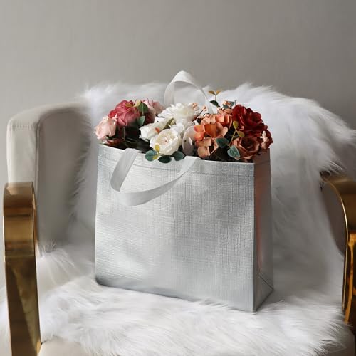 cabzymx 25 Pcs Silver Reusable Gift Bags with Metallic Design, Non-woven Gift Bag Bulk with Handles, Glossy Party Bags for Wrapping Gifts, Birthday, Wedding, Parties, Graduation-12.6x4.7x11 In - color: Silver, size: 1 Count (Pack of 25)