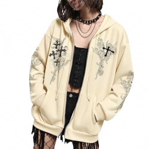 Zip Up Hoodies Y2k Jacket Graphic Gothic Jackets Grunge Cross Hoodie Baggy Streetwear Emo Sweater Aesthetic Clothes - color: Apricot, size: Large