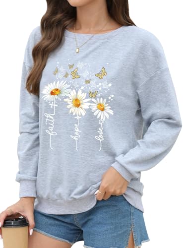 Women’s Christian Sweatshirts,Faith Hope Love Daisy Print Crewneck Long Sleeve Casual Loose Fit Sweatshirt - color: # Light Grey, size: Small