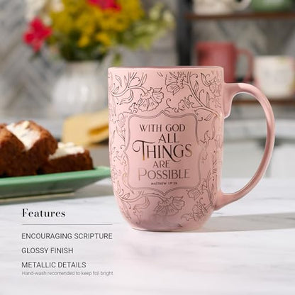 Christian Art Gifts Large Ceramic Coffee Bible Verse Mug for Women - color: All Things are Possible/Pink & Rose Gold Floral