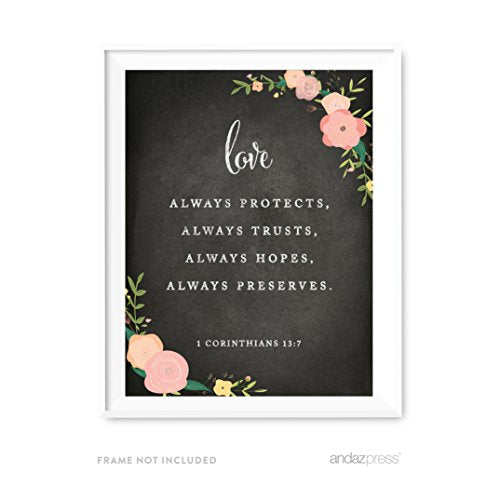 Andaz Press Biblical Wedding Love Quote Wall Art, Chalkboard Floral Roses Print Poster, 8.5x11-inch, Love Always Protects, Always Trusts, Always Hopes, Always Perseveres, 1 Corinthians 13:7, 1-Pack - color: BIBLICAL LOVE ALWAYS PROTECTS