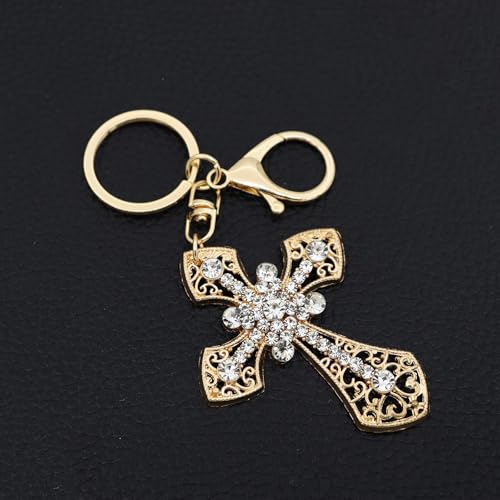 TTYY Stylish Rhinestone Cross Keychain - Sparkling Christian Car Key Ring for Women Men,Religious Gift for Purse Backpack Bag - color: Gold-2