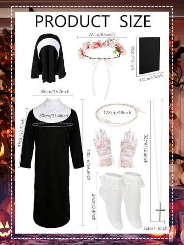8 Pcs Halloween kids Nun Costume Set with Nun Outfit Hat Belt Gloves Socks Cross Necklace Book and Rose Wreath St Rose of Lima Halloween Nun Outfit for Girls
