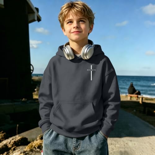 Fkatuzi Christian Graphic Hoodies For Boys Cross Sweatshirt Kids Jesus Hoodie Faith God Religious Bible Verse Believe Tops - color: Deep Gray, size: 11-12 Years