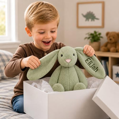 Personalized Embroidered Green Stuffed Bunny, Baby Boy Gift, Bunny Plush, Cute Stuffed Animal, Stuffed Animals for babies, Baby Dedication Gifts for Boys, Rabbit Toy, Newborn Toy (Green Bunny) - color: Green Bunny