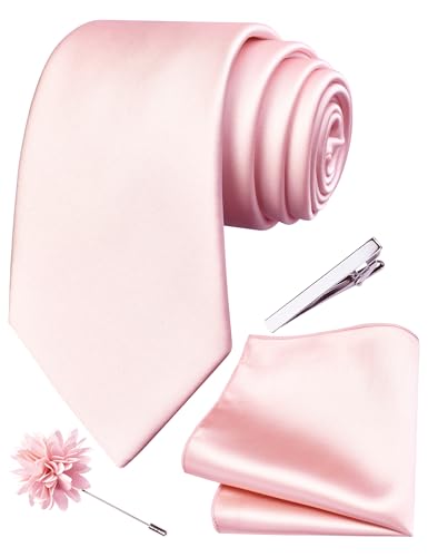 Branduce 3.15"（8cm） Mens Tie and Lapel Pin Solid Necktie Handkerchief Tie Clip Set for Men - color: Blush Pink