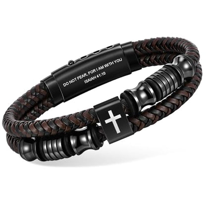 Christian Brown Leather Bracelet for Men - Double-Row Braided Leather Faith Cross Bracelets Bangle Religious Baptism Inspirational Bible Verse Jewelry Gift for Young Men Teenage, Adjustable Wristband - color: Isaiah 41:10