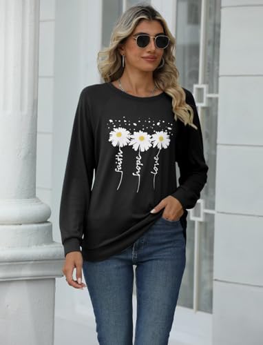 EADINVE Women Daisy Print Sweatshirts Crewneck Long Sleeve Pullover Tops - color: Black, size: Large
