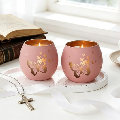 Religious Gifts for Women & Girls, Set of 2 Pink Butterfly Cross Tealight Candle Holders for Table Decor, Christian Baptism, Confirmation, Memorial, Easter Gift