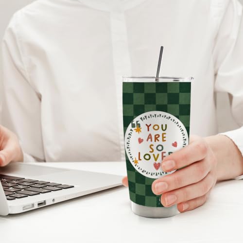 Green Checkered Inspirational Kids 20oz Travel Coffee Mug Tumbler - color: youare
