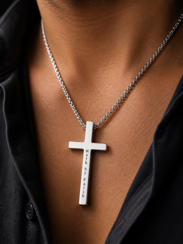 Engraved Cross Necklace for Men, Women & Boys & Girls Cross Necklace, Stainless Steel Cross Pendant Necklace, Faith & Inspiration Christian Jewelry Gift - color: Walk by Faith