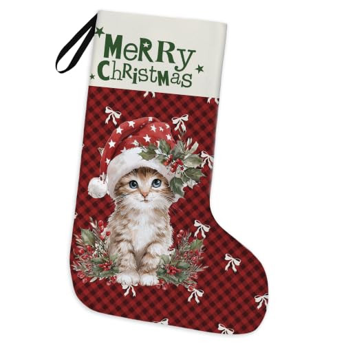 Tabby Cat Red Buffalo Plaid Christmas Stockings 16 Inch - color: Christmas11