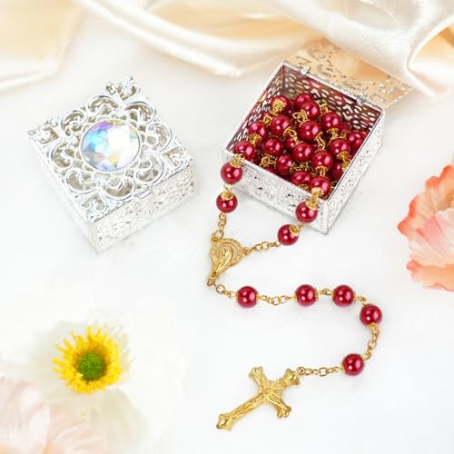 Red and Gold Pearl-Style Rosary Necklace with Metal Gift Box, 8mm, 22 Inch - color: Red