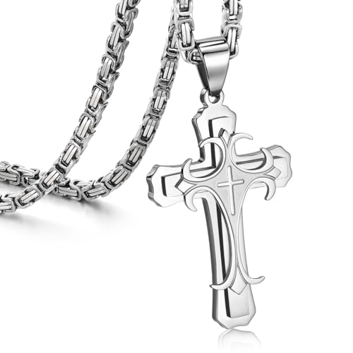 MEALGUET Stainless Steel Crucifix Cross Pendant Necklace,Men's Cross Necklace with Chunky Byzantine Chain/Rolo Chain, Gift for Men - style: Silver-byzantine chain