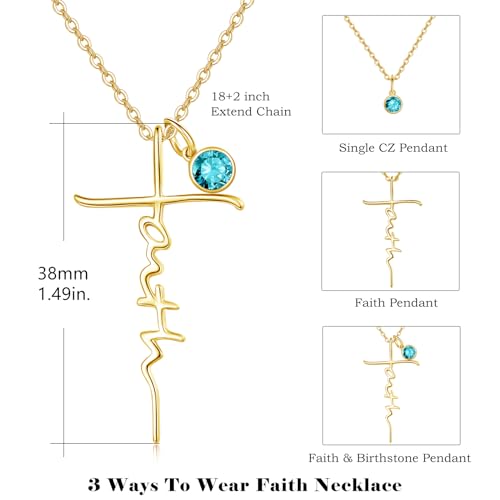 PRAYMOS Faith Cross Necklace for Women 925 Sterling Silver Pendant Necklace With Birthstone Initial Christian Religious Confirmation Baptism Mothers Day Gifts - color: 3-18K Gold Plated December(Blue Topaz)