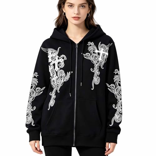 Zip Up Oversized Hoodies Women Men, Graphic Gothic Jackets Cross Hoodie, Baggy Streetwear Fleece Sweater Unisex - color: Black, size: Large