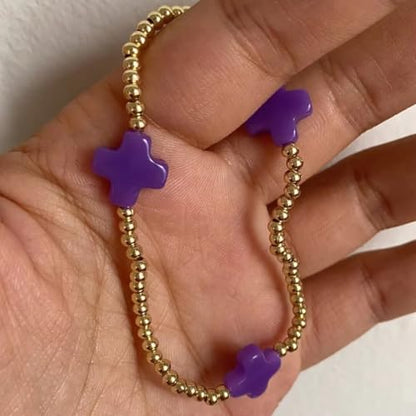 Colorful Cross Charm Bracelets for Women Men Adjustable Gold Plated Beaded Bracelet Boho Bead Ball Stretch Bracelet Birthday Summer Beach Jewelry - color: Purple