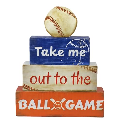 Vintage Baseball Decor Set of 4, Wooden Sports Themed Block Sign Decor for Room Party Mantle Shelf Tiered Tray, Table Centerpieces Gift for Son, Grandson - color: Baseball1-takeme