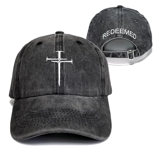 Christian Redeemed Cross Nails Hats for Men Women, Vintage Adjustable Cotton Embroidered Front & Back Baseball Cap - color: Christian-black