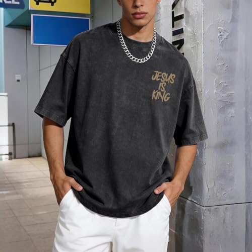 Christian Jesus is King Shirts Men God Religious Faith Bible Verse Tshirts Oversized Vintage Graphic Acid Wash Tees - color: Black, size: X-Small
