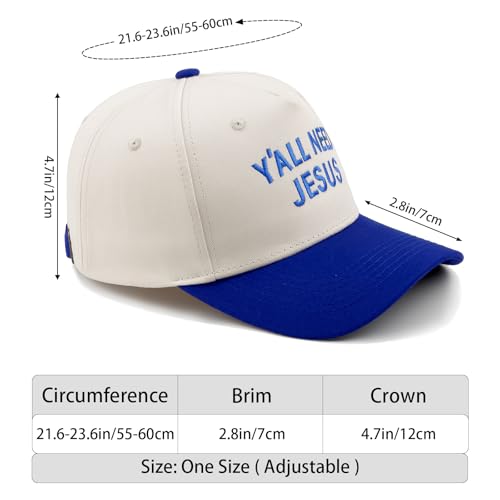 Embroidered Christian Two-Tone Baseball Cap for Men & Women, Adjustable Dad Hat Christmas Easter Gift - color: Y'all Need Jesus, Navy Blue/Beige