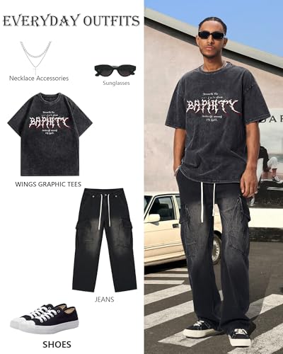 BAPHITY Mens Streetwear Crew Neck Cotton Graphic T Shirt - color: Black Wings, size: X-Large