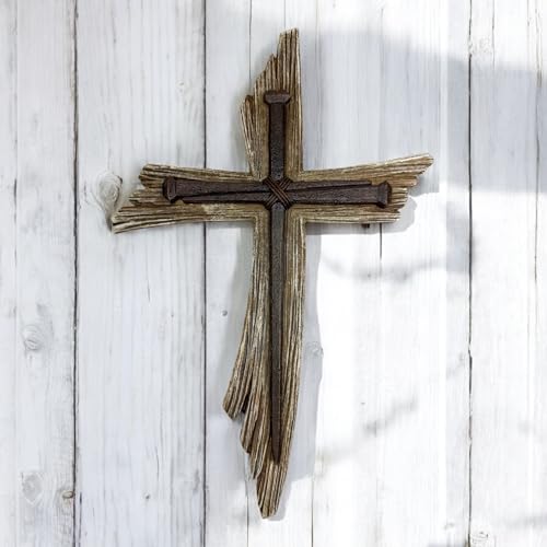 Top Brass Rustic 3-Nail Wall Cross – 12 ½” Resin Christian Cross with Weathered Wood Look and Symbolic Nails of Christ’s Crucifixion – Religious Jesus Crucifix Art