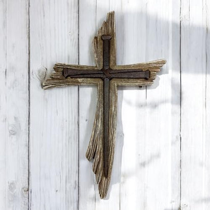 Top Brass Rustic 3-Nail Wall Cross – 12 ½” Resin Christian Cross with Weathered Wood Look and Symbolic Nails of Christ’s Crucifixion – Religious Jesus Crucifix Art