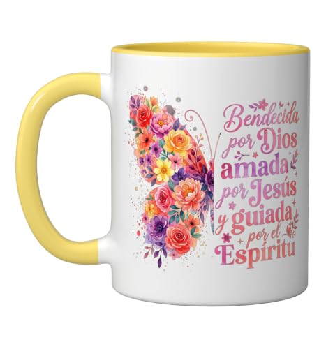 Bendecida Por Dios Amada Por Jesus Christian Spanish Floral Ceramic Mug, Yellow/White - color: Yellow/White, size: 11 Ounces