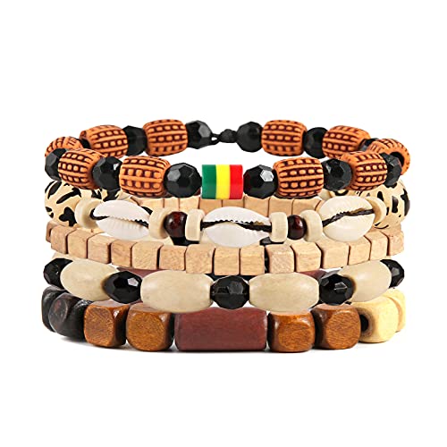 HZMAN Handmade Hemp Cords Wood Beads Leather Bracelets for Men Women - style: Shell Conch