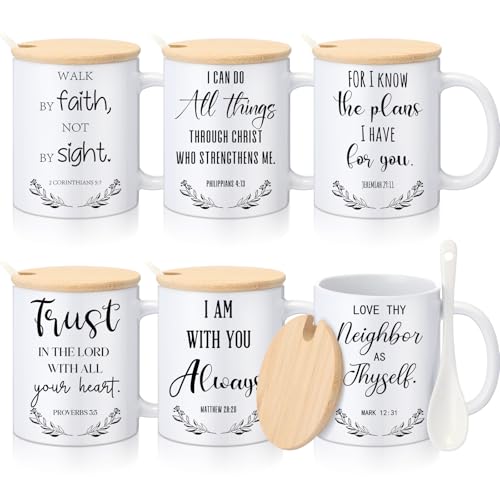 Maxdot 6 Sets Christian Gifts for Women Men Christian Mugs Bulk 12oz Coffee Mug with Lid Handle Spoon Religious Inspirational Scripture Ceramic Cup for Sunday School Vbs Grandparents(English) - style: English
