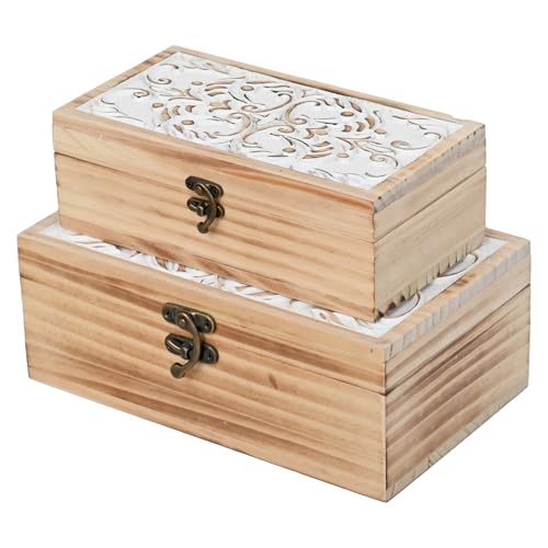 Wooden Storage Box Set of 2 - Hand Carved Floral Decorative Boxes - color: White&Brown, size: S&M