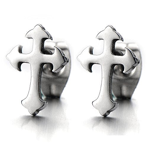 Pair Unisex Plain Cross Stud Earrings of Stainless Steel for Man and Women - color: A-Metal Color:Silver