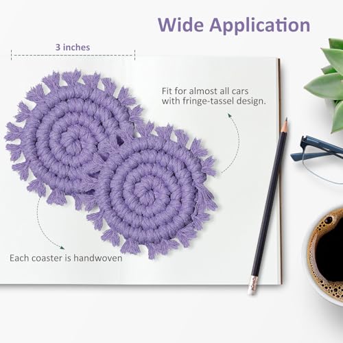 Cotton Car Coasters for Cup Holders, 2 Pack Car Cup Coasters, Drink Coaster Holder Cute Boho Macrame Cupholder Coaster Accessories for Women-3 inch (Purple) - color: Purple