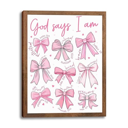 SEHSUVC Pink Bows Bible Verse Christian Canvas Wall Art, Wood Framed Trendy Religious Wall Decor, Cute Coquette Preppy Girls Aesthetic Room Decor Gifts for Bedroom Living Room Home Decor 8x10inch - color: Pink Bow Scripture - 1