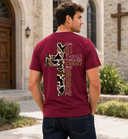 Christian Shirts for Men I Can Do All Things Through Christ Cross T-Shirt - color: Claret, size: Medium