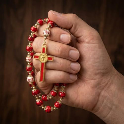 Nazareth Store Saint Benedict 10mm Glass Rosary Beads Catholic Necklace Flowers Mystery Bead Miraculous Medal Locket Cross Prayer Rosarios Catolicos - color: Red