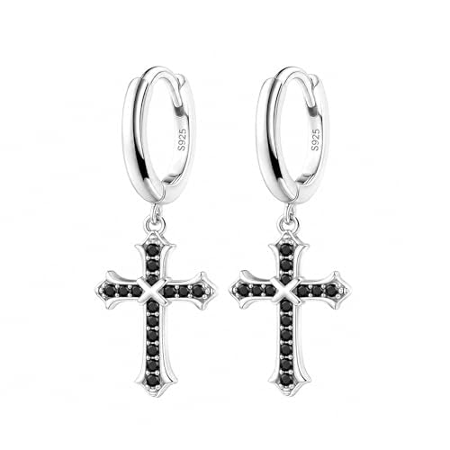 Small Cross 925 Sterling Silver Dangle Drop Earrings for Women Men - color: Black