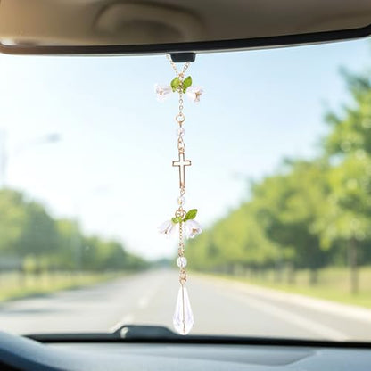 Cross Crystal Car Charm Lily Flower Beaded Mirror Hanging - style: Cross