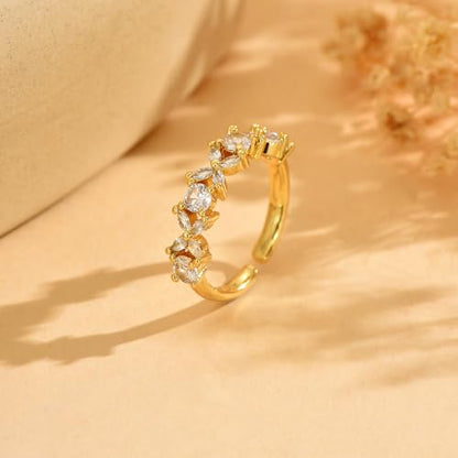 18K Gold Plated Cubic Zirconia Adjustable Open Rings for Women - color: 4 Leaf CZ