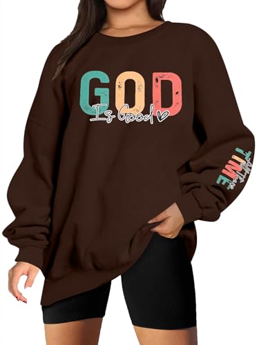 God is Good Sweatshirt Christian Shirts for Women Oversized Jesus Religious Pullover Bible Verse Inspirational Tops - color: Brown, size: XX-Large