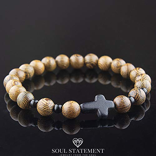 Wood Beaded Cross Bracelet for Men: Confirmation Gifts for Teens First Communion Religious Cross Statement - style: Wood Bead and Stone Cross