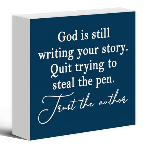 God Is Still Writing Your Story Navy Blue Wood Box Sign Desk Decor 5X5, Christian Scripture Bible Verse Prayer Room Block Sign Decorations for Home Office Wall Tabletop Shelf Decor - color: Colour 11, size: 5 x 5 in