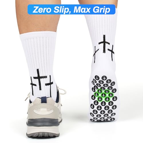 Meudid Grip Soccer Socks with 3 Crosses - Anti-Slip Christian Sock with Bible Verse for US 6-13