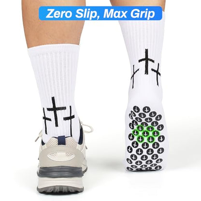 Meudid Grip Soccer Socks with 3 Crosses - Anti-Slip Christian Sock with Bible Verse for US 6-13