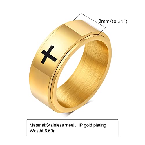 6mm/8mm Titanium Steel Black/Silver/Gold Fidget Ring Engraved Small Cross Stainless Steel Spinner Rings Stress Relieving Anxiety Ring Engagement Wedding Promise Band for Women Men Size 5-15 - color: 8mm Gold