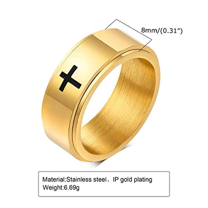 6mm/8mm Titanium Steel Black/Silver/Gold Fidget Ring Engraved Small Cross Stainless Steel Spinner Rings Stress Relieving Anxiety Ring Engagement Wedding Promise Band for Women Men Size 5-15 - color: 8mm Gold
