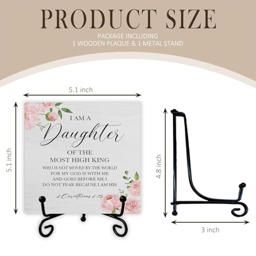 Christian Wooden Desk Sign, I Am a Daughter of the King Bible Verse Religious Wood Plaque With Stand for Girls Room Dorm Nursery Bedroom Home Desk Tabletop Shelf Decor